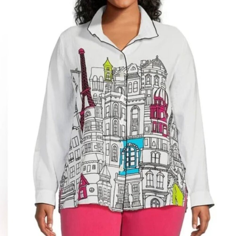 John Mark Size 3X Amalfi Coast French Scenery Plus Women's High Low‎ Blouse NWT